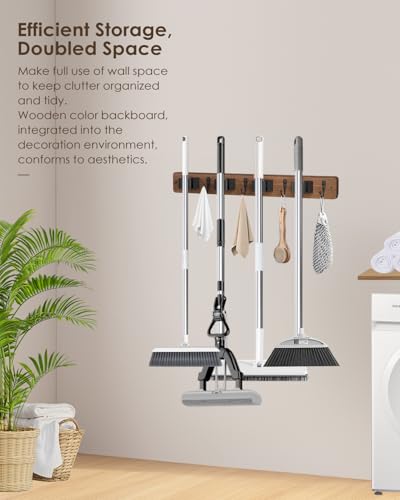 Broom Holder Wall Mount, 4 Holders 4 Hooks Mop and Broom Organizer - color: Brown, size: 1 Pack
