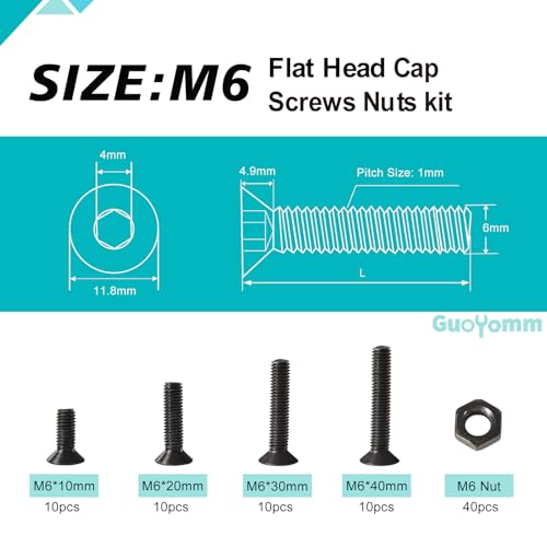 M6 x 10mm 20mm 30mm 40mm, Flat Head Hex Socket Cap Screws Bolts, Countersunk Bolts and Nuts, 10.9 Grade Alloy Steel, Black Oxide, Metric Allen Drive, Fully Thread, Assortment Kit 80PCS - size: M6x10-40mm+Nuts