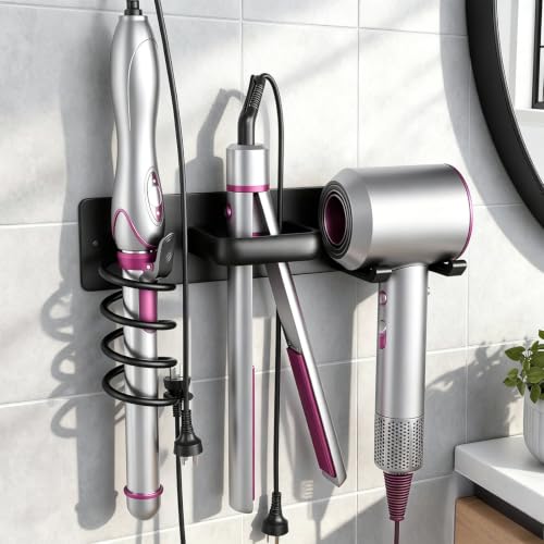 3-in-1 Aluminum Hair Dryer Holder, Matte Black Styling Tools Rack | No Drill Heat Resistant Wall Hair Tool Stand for Blow Dryer, Flat Iron & Curling Iron, Bathroom Rental Homes, No Wall Damage - size: A