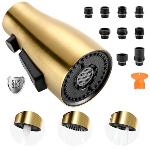 Metal Kitchen Faucet Spray Head Replacement 3 Modes with 9 Adapters - color: Brushed Gold