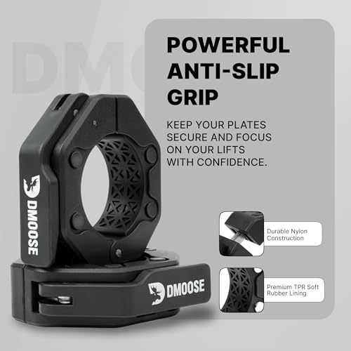 DMoose Fitness Barbell Clips 2 Inch (Pair) - Quick Release Olympic Barbell Clamps & Collars with Anti Slip TPR Grip for Secure Weightlifting and Powerlifting - Weight Clips for Bars at Home or Gym - color: Black V2, style: Non Magnetic