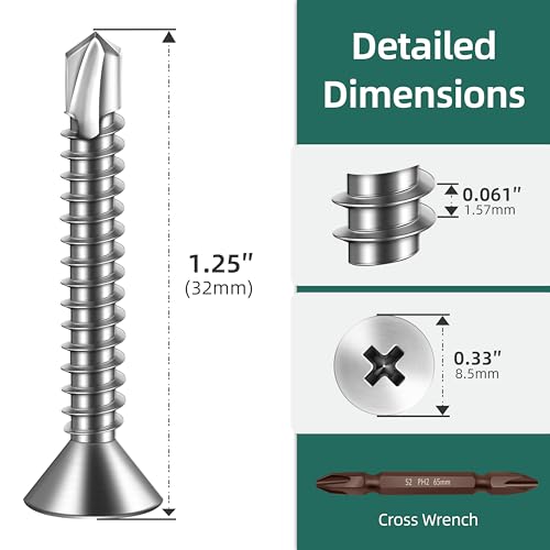 200pcs #10 x 1-1/4 Sheet Metal Self Tapping Screws Assortment Kit, 410 Stainless Steel Flat Head High-Strength Fast Self-Drilling Screws, Bright Finish - size: #10x1-1/4"