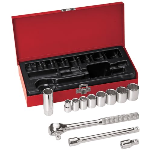 Klein Tools 65504 3/8-Inch Drive Socket Wrench Set, with 12-Point and 6-Point, and Spark Plug Sockets, 2 Extensions, Ratchet, Case, 12-Piece - size: 3/8-Inch, style: 12-Piece