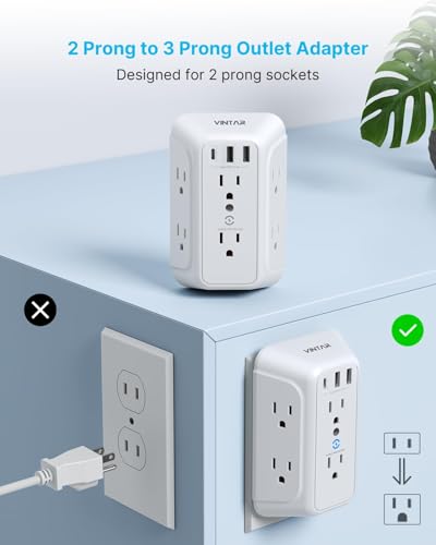 VINTAR 2 Prong to 3 Prong Outlet Adapter, 6 Outlet Extender with 3USB Ports - style: A4: 1 Pack - 6AC+2A1C