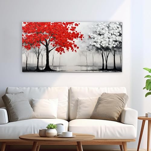 AUUZAIUA Large Canvas Wall Art Red and White Misty Forest Painting 20"x40" - size: 20"L x 40"W