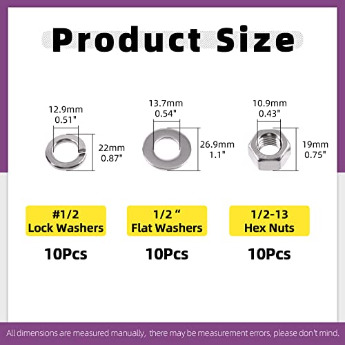 Swpeet 30Pcs SAE 304 Stainless Steel 1/2-13" Hex Nuts and #1/2 Flat Washers with #1/2 Split Lock Washers Assortment Kit, Coarse Thread Hexagon Nut for Home Automotive Shop Use - size: #1/2-13 Hex Nuts & Washers