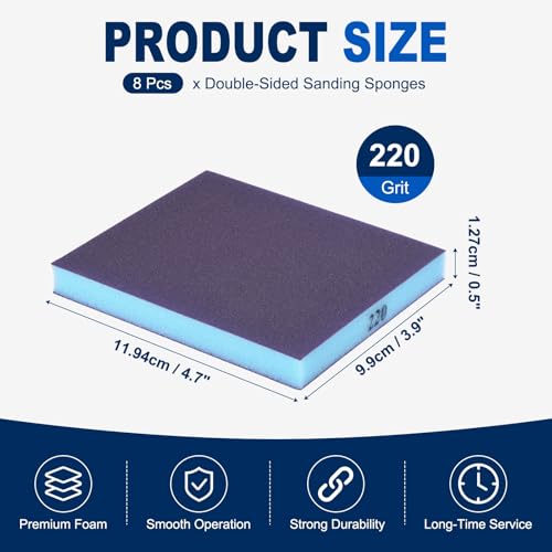 8Pcs 220Grit Double-Sided Sanding Sponges, Washable & Reusable - size: 220Grit