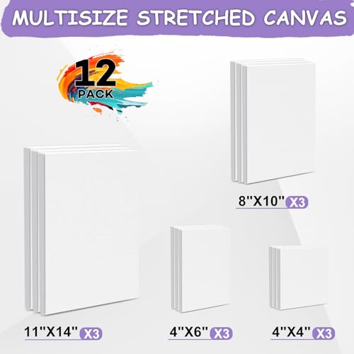 ESRICH Stretched Canvas for Painting, 12 Pack 4x4, 4x6, 8x10, 11x14(3 of Each) Canvas Set, Multi-Size Blank Canvases for Painting, Primed Paint Canvas for Kids, Adults, Beginners, Artists. - size: 4x4in,4x6in,8x10in,11x14in
