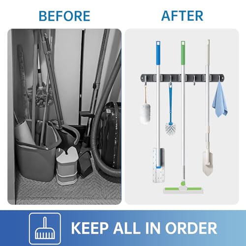 ZONGOOL Wall Mount Broom Holder 3 Racks 4 Hooks Metal Tool Organizer Black - color: Black, size: 1Pack 3R4H