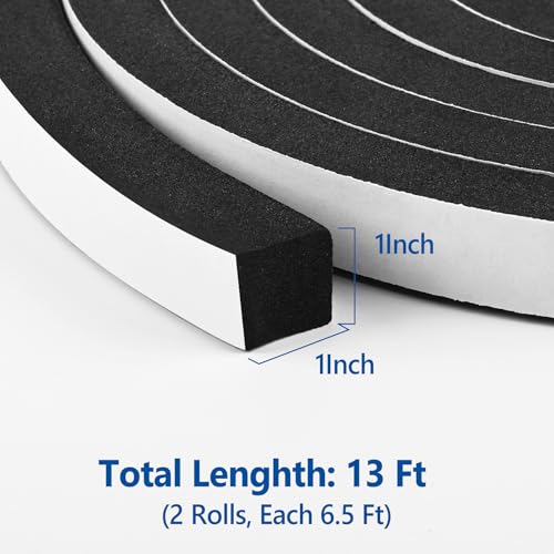 Kikerike Self Adhesive Foam Tape Weatherstrip 1In x 1In x 13Ft High Density Foam Insulation Strips Foam Seal Weather Stripping with Strong Adhesive for Door and Window Sound Isolation Soundproofing - size: 1in x 1in x 13Ft