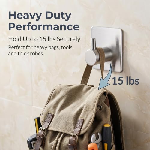 Fotosnow Adhesive Towel Hooks 15lbs Heavy Duty Wall Hooks Waterproof Stainless Steel Hanger for Hanging Coat, Hat, Towel Robe Hook Rack Wall Mount- Bathroom and Bedroom 4-Packs - color: Silver-4 Pack