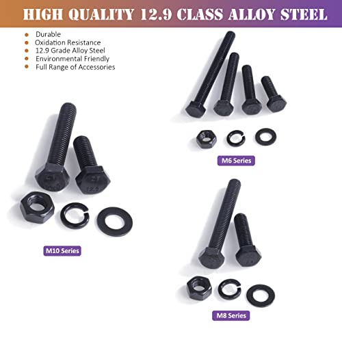 224 PCS Metric M6 M8 M10 Heavy Duty Hex Cap Bolts and Nuts Flat & Lock Washers Assortment Kit, 12.9 Grade Alloy Steel Metric Fully Thread Hexagon Allen Machine Bolt, 8 Most Common Sizes, DIN 933 - style: black-M6 M8 M10 Hex Bolts