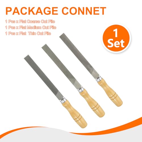 HARFINGTON 3pcs Flat Cut File 6" Double Cut Teeth High Carbon Steel Hand Rasp File with Wood Handle for Metal Wood Deburring Removing - size: 6"