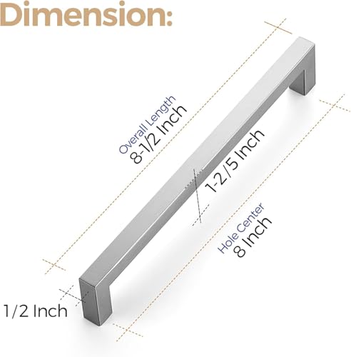 Ravinte Brushed Nickel Square Cabinet Handles & Pulls 8 Inch 10 Pack - size: 8-1/2 in (8 in Hole Center)