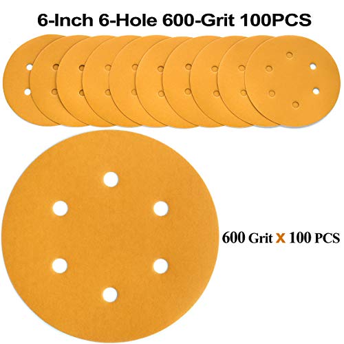 6-Inch 6-Hole Hook and Loop Gold Sanding Discs 600-Grit, 100-Pack - style: 600 Grit