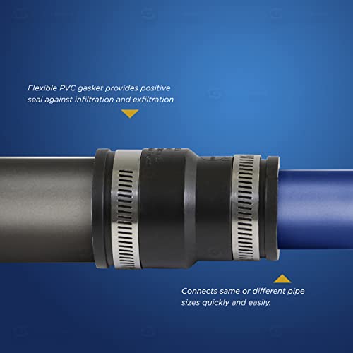 Supply Giant 6I52 Flexible PVC Reducing Coupling with Stainless Steel Clamps, 2.4" x 1.6" Inner Diameter for 2" x 1-1/4 Nominal Pipe, Black - size: 2 x 1-1/4