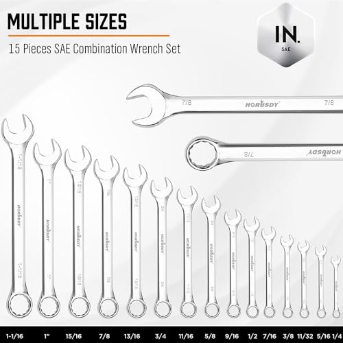HORUSDY 15-Piece SAE Wrench Sets, Premium Combination Wrench Set Metric 1/4in-1 in, Max Torque, 12-Point, Chrome Vanadium Steel, with Storage Rack - style: 15pcs SAE Combination Wrench Set