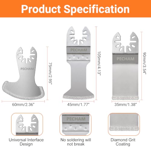 PECHAM 9PCS Diamond Oscillating Tool Blade, Multi Tool Blades Kits for Grout Removal and Soft Tile Cut, Fit Porter Cable Black & Decker Rockwell Ridgid Ryobi Milwaukee Chicago Craftsman