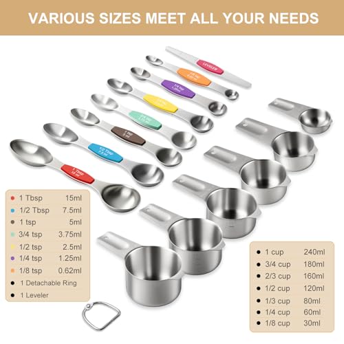 Stainless Steel Measuring Cups & Spoons Set, EWFEN Kitchen Tools Nesting Measuring Cups and Spoons, Fits in Spice Jars for Baking & Cooking, BPA Free, Set of 15 with Leveler, Multicolor - color: Multicolor Spoons