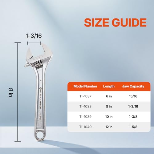 BLACK CANYON Adjustable Wrench 8 Inch, Wide Jaw Spanner with Imperial and Metric, Premium Chrome Forged Steel for Automotive Plumbing, Household Repairs and DIY - size: 8 in