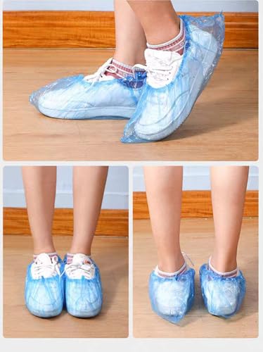 100 Pack Shoe Covers Disposable Non Slip, Premium Waterproof and Recyclable Shoe Booties Covers for Indoors, Fits Up To 9 US Men and 11 US Women Size, 50 Pairs Elastic Caps Plastic Shoe Covers