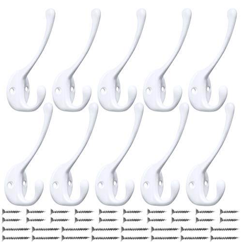 10 Pack Heavy Duty Dual Coat Hooks Wall Mounted with 20 Screws Retro Double Hooks Utility Black Hooks for Coat, Scarf, Bag, Towel, Key, Cap, Cup, Hat (White) | Heavy Duty Dual Coat Hooks Wall Mounted Retro Utility Hooks for Scarf, Towel, Key, Cap, Cup, Ha