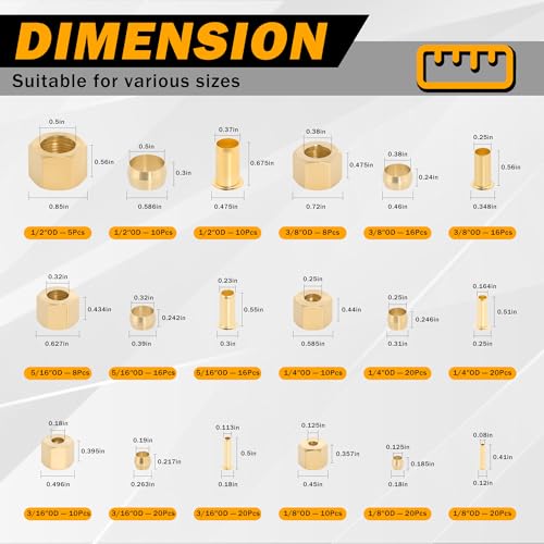 255PCS Brass Compression Kit for 1/2" 3/8" 5/16" 1/4" 3/16" 1/8" - style: 255PCS
