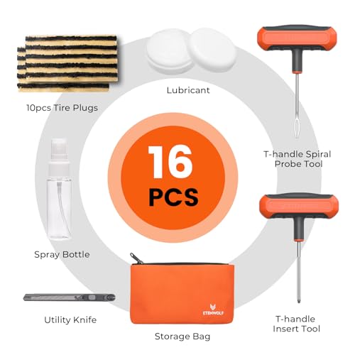 ETENWOLF Flat Tire Repair Kit with Plugs 16 Pcs, Heavy Duty Tire Plug Kit - color: Vivid Orange1