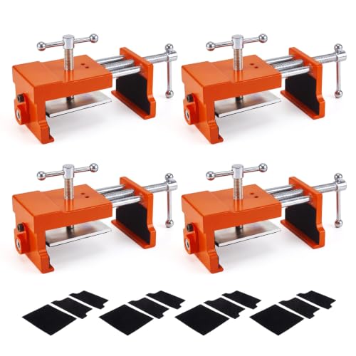 4 Pack Orange Cabinet Clamp, Heavy Duty Aluminum & Steel Cabinet Hardware Jig, Cabinet Install Clamping Tool with Drill Guides EVA Pads for Perfect Cabinet Frame Alignment Woodworking Installation