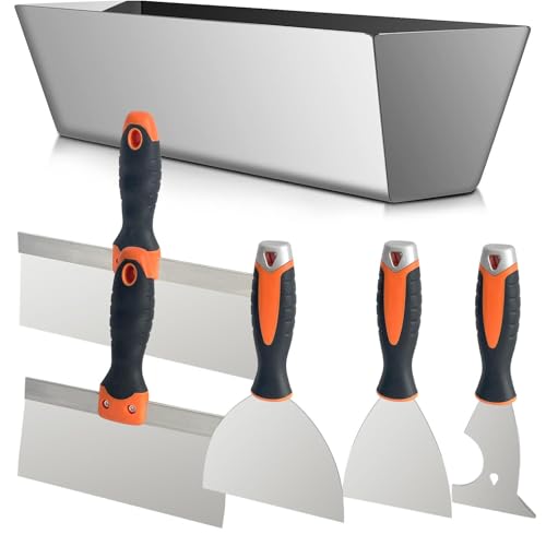 Drywall Hand Tool Kit, 5Pcs Stainless Steel Putty Knife Scrapers Taping Knife with Mud Pan for Drywall Repairing, Paint Scraping and Wallpaper Removing (6pcs-O) - color: 6pcs-o