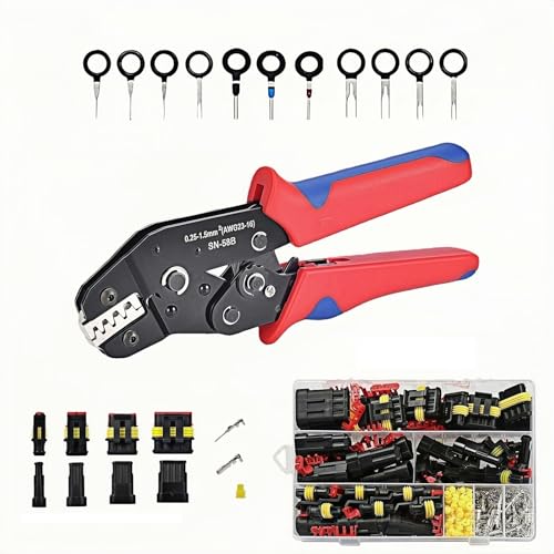 352Pcs Waterproof Automotive Electrical Connectors Kit with 24-16 AWG（0.25-1.5mm²）Ratchet Crimper, 1/2/3/4 Pin Wire Connector Terminals for Car Truck Boat, Weatherproof Electrical Connector Set