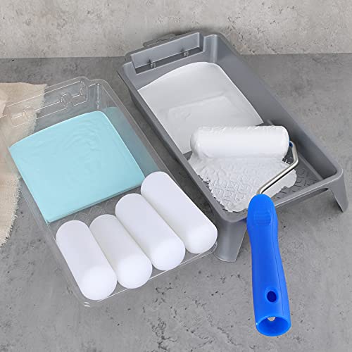 Mister Rui 4 Inch Foam Paint Roller Kit, 8 Pack - Mini Roller Set with 4” Small Roller Covers, Frame, Tray & Liner for Smooth Painting on Walls, Trim, Furniture, Home DIY Projects