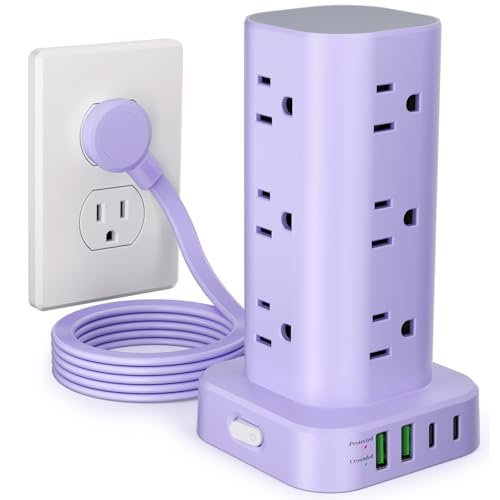 6FT Power Strip Tower Surge Protector, 12 Wide Spaced Outlets, 4 USB - color: Purple, size: 6FT without Wireless Charging