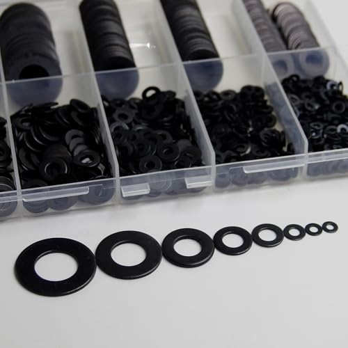 1100Pcs 9 Sizes Black Flat Washers for Screws & Bolts