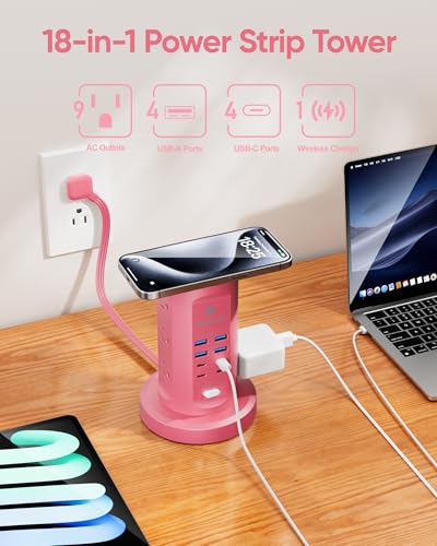 Power Strip Tower, kakyanill Charging Station 9 AC Outlets 8 USB Ports - color: Pink, size: 24W