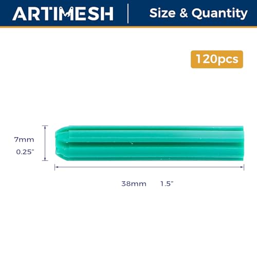 120 Pcs 7mm (1/4") x 38mm Plastic Expansion Anchors, Heavy Duty Green PE Wall Plugs for Concrete, Brick, Drywall & Hollow Walls - size: 7.38