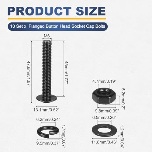 M METERXITY 10 Set M6 x 45mm Flanged Button Head Socket Cap Screws, Black 304 Stainless Steel 18-8 Hex Socket Head Screws Bolts, Nuts, Flat & Lock Washers for DIY, Furniture, Automotive - size: M6 x 45mm