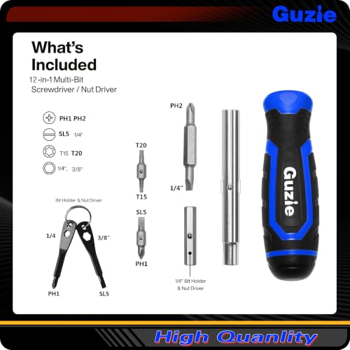 Guzie 12-in-1 Screwdriver/Nut Driver Set, 12 Bits/3 Nut Drivers