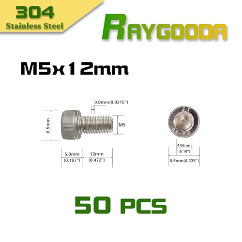 M5x0.8 x 12mm Socket Head Cap Screws Metric, 304 Stainless Steel (A2-70), Allen Socket Drive, Bright Finish, Full Thread, Rust & Corrosion Resistant, for Automotive, Machinery & DIY, 50 PCS - size: M5x12mm (50 PCS)