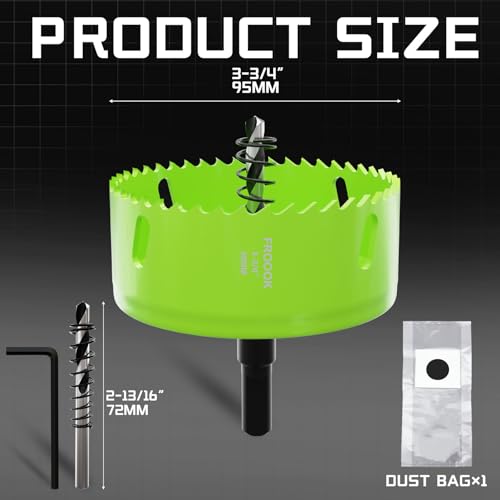 3-3/4"(95mm) Bi-Metal Hole Saw with Arbor-Multi-Material Cutting Kit for Thin Iron, Wood & Drywall - High-Speed Steel Teeth with Smooth Cutting Edge, Fast Chip Removal & Bonus Dust-Proof Bag - size: 3-3/4" (95mm)