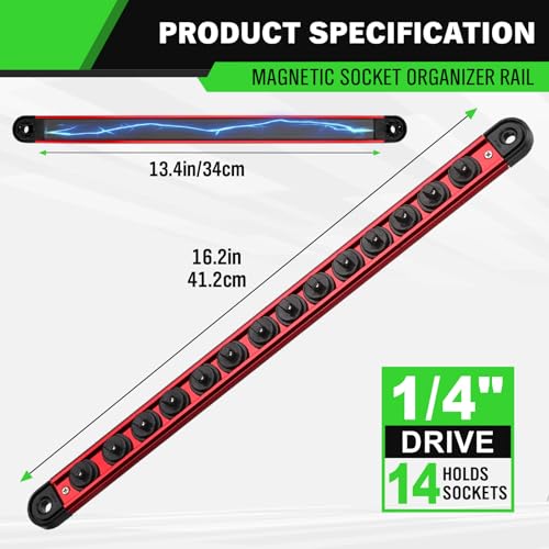1/4-Inch Magnetic Socket Organizer Rail, Aluminum Alloy Socket Rail, Heavy Duty Sockets Holder with 14 Clips, 360° Swivel Clip Tool Tray, Sockets Organizer for Tool Box Drawer (Red) - style: Red 1/4-inch