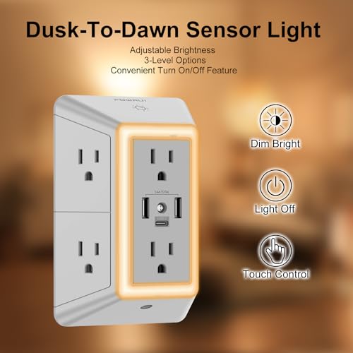 Multi Plug Wall Outlet Night Light, POWRUI 6 Outlet Extender & 3 USB Ports - color: Grey(6Outlets/Night Light), size: 2U1C