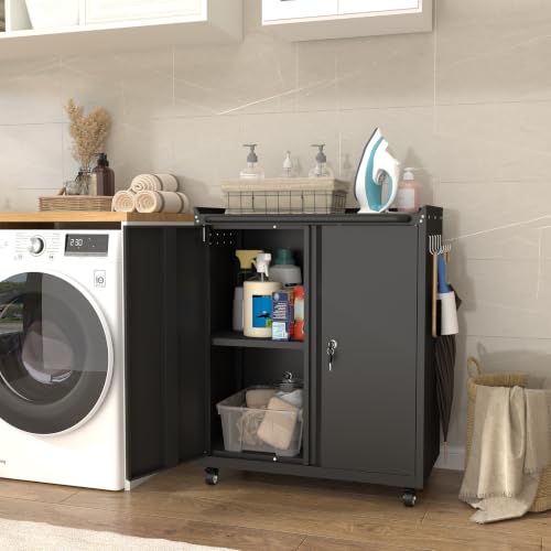 Metal Garage Storage Cabinet with Wheels, Lockable Rolling Tool Cabinet - color: Black, size: 26" W × 14" D × 31.88" H