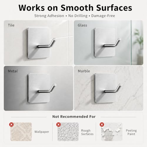 4 Pack 304 Stainless Steel Adhesive Wall Hooks, No Drill Hangers