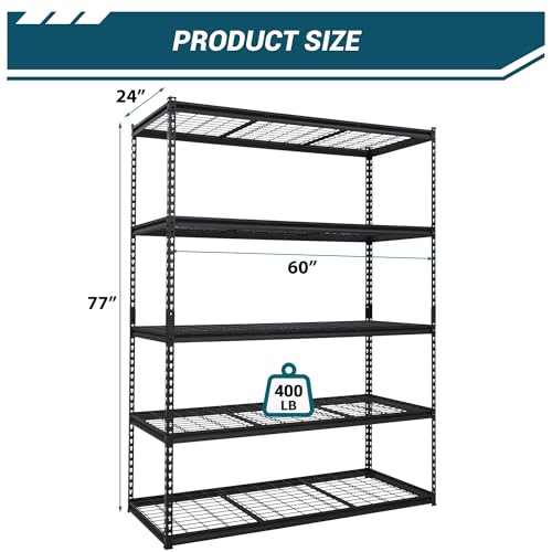 60x24x78 Inch Garage Shelving Heavy Duty, Storage Shelves 2500Lbs Capacity, Adjustable Metal Shelving Unit, 5 Tier Industrial Shelves for Basement Workshop - size: 60 x 24 x 78 inches