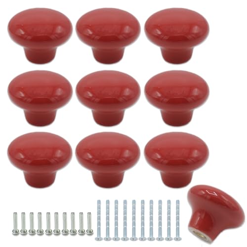 10-Pack Ceramic Cabinet Knobs Red 32mm Round Drawer Pull - color: Red
