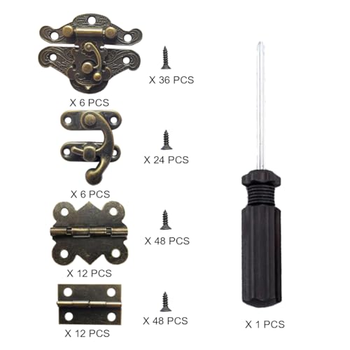 EAEDMY 36 Sets Retro Jewelry Box Hinges and Latches Hardware, Small Bronze Brass Latch Hinges for Wooden Jewelry Box and Decorative Cabinet, with Matching Screws Kit(Catch*12 + Hinges*24) (36)