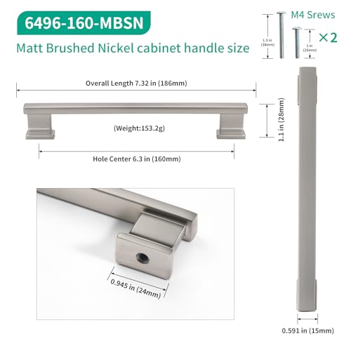 Matt Brushed Nickel Kitchen Cabinet Handles 6.25 Inch 10 Pack - color: Matt Brushed Nickel, size: 6.25"/160MM Hole Center