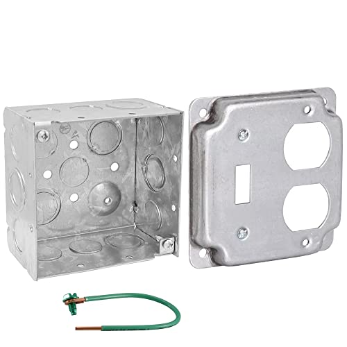 Pack of Box and Cover 4'' Square Electrical Box, 1 Toggle Switch, 1 Duplex Receptacle Exposed Work Cover, Crushed Corners, Welded Construction, Ten 1/2'' and Six TKO Knockouts, Raised Ground, 2-1/8'' - size: Duplex / Toggle