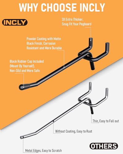 INCLY 60 Pack 4 Inch Black Pegboard Hooks, 1/4" Heavy Duty - color: Black, size: 4inch-60pcs
